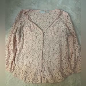 New York & Company Light Pink Lace Button-Up Blouse